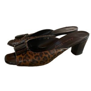 Salvatore Ferragamo Animal Print Leather Black Logo Slide Sandal - 7.5B